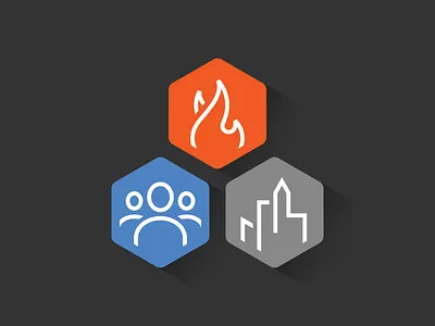 The Art Of Placemaking city fire flame group hexagon icon icons line people shadow skyline users