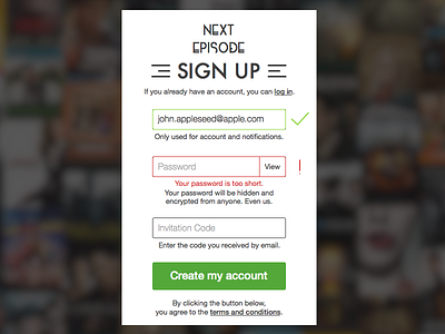 Sign Up screen account next episode sign up