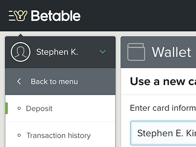 Wallet betable gaming menu