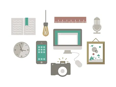 Mastercraft icons book camera clock computer edison bulb icons illustration lightbulb microphone painting ruler spot illustration