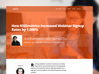 Zapier case study of KISSmetrics blur flat landing page layout marketing minimalist responsive simple ui ux webdesign website