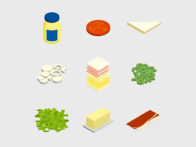 Isometric Sandwich Ingredients bread butter cheese food ham icons illustration isometric lettuce olives sandwich tomato