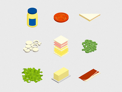 Isometric Sandwich Ingredients bread butter cheese food ham icons illustration isometric lettuce olives sandwich tomato