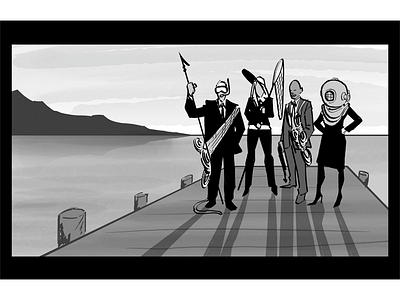 Shark Hunters black and white commercial digital film inking photoshop storyboard television