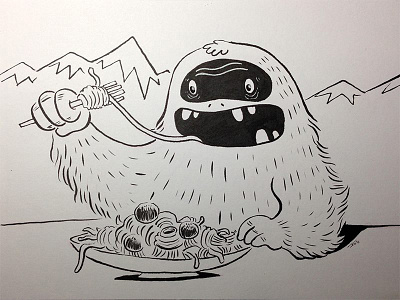 "Yeti Eating Spaghetti" illustration ink inktober monster sketchbook spaghetti yeti