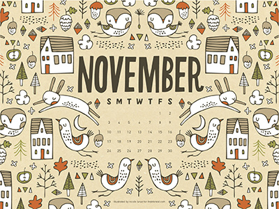 The Ink Nest November Calendar acorns birds calendar clouds fall fruit illustration nicole larue owl pine cones rabbits trees