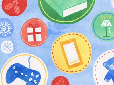 Gift guide book gift holly icons illustration lamp phone present snowflake video games watercolor watercolour