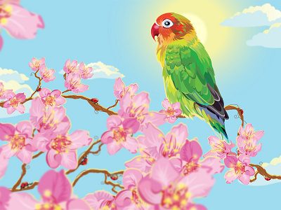 Lovebird bird cloud flower illustration ladybug lovebird sun vector