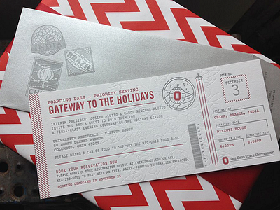 OSU Boarding Pass Holiday Invitation blind impression boarding pass happy holidays holiday international letterpress osu silver the ohio state university ticket travel stickers