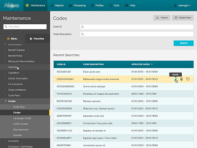 Maintenance application clean flat forms health icons insurance menu side bar table tree web app