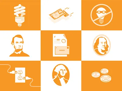 Energizing Indiana Icons 1 color bill change dollar franklin illustration light bulb lincoln outlet power savings washington