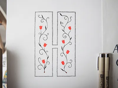 Decorative H decoration detail drawing floral flowers illustration ink lettering micron sans serif type vines