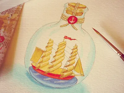 Ship in a bottle bottle illustration ship watercolour