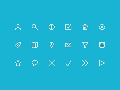 Icons book delete favorite funnel gauge gear journal map rocket settings star trash