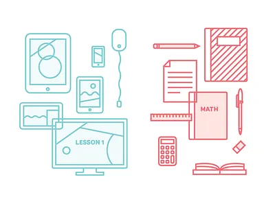 Digital vs Print analog calculator computer electronic icons illustration laptop learning school textbooks vector