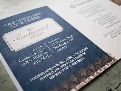 McConnell Arts Center, Arts Enchanted Evening Invitation 1920s art deco bronze copper film gatsby invitation letterpress navy theater