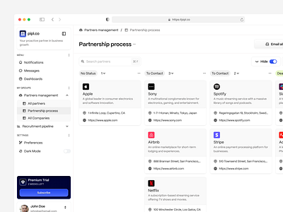 Pipl - CRM Partnership Process Dashboard admin panel business card clean crm crm dashboard dashboard design growth kanban management minimalist partnership partnership process product system ui ux website