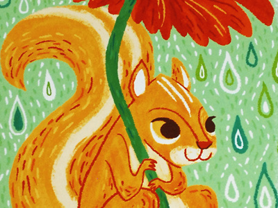 Squirrel in the Rain art print flower illustration rain retro squirrel