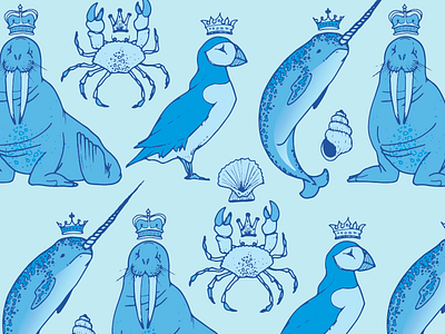 Royal Arctic Animals Repeat arctic crab crowns narwhal ocean pattern puffin sea shells walrus water