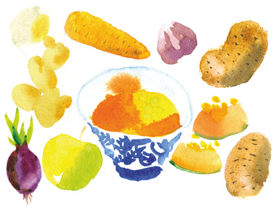 Pumpkin soup (ingredients) carrot dinner food ginger ingredients menu onion potato pumpkin restaurant soup watercolor