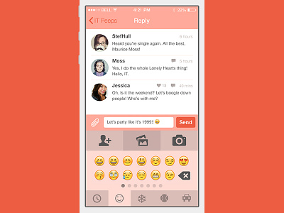 Chat app iOS - emoji add photos app attachment camera chat emoji ios messages mobile orange smiley toolbox