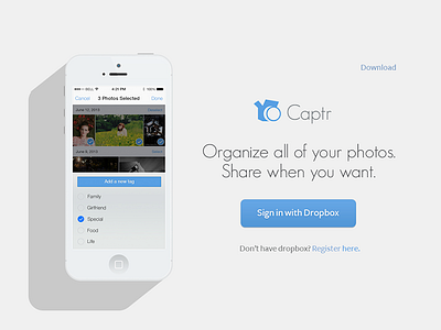 Captr for Dropbox ios landing page splash page ui ux web