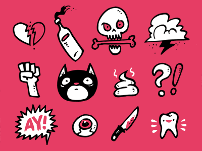 argh! action cat comic fresh icons illustration molotov shit skull symbols teeth