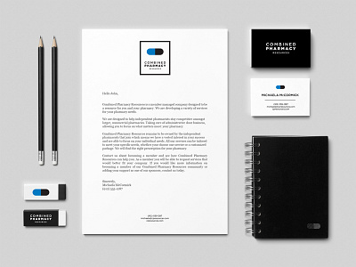 Combined Pharmacy Resources Stationery branding business cards combined pharmacy resources eraser identity logo mock up notebook pencil winning