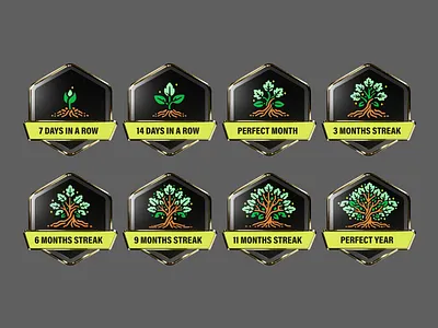 3D tree growing streak achievement badges 3d 3d badges achievement animation award badges exercise fitness streak gamified fitness gold 3d icons growing tree growth progression level up fitness nature oak tree plant seed to tree success trophy workout