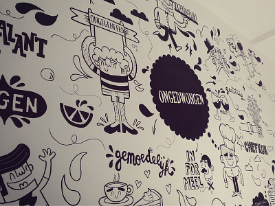 Mural Ongedwongen black illustration markers mural ongedwongen painting restaurant type typography wall