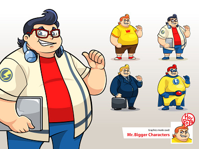 Mr. Bigger Characters big businessman cartoon character fat geek headphones illustration laptop mascot superhero vector