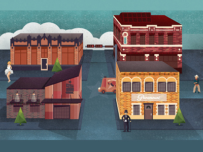 Local Film District brick building chaplin character color drawing illustration john wayne monroe texture