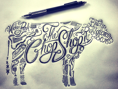 WIP butcher cow illustration knives meat pencil typography