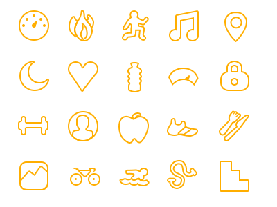 fitness health icons bike dinner heart icons location lock locker night run steps water