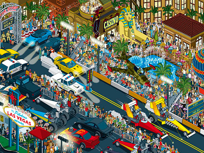 Where's Stig? Motorsport Madness - Las Vegas Drag Race cars childrens book city cityscape illustration illustrator isometric motorsport pixel art sport vector vector art