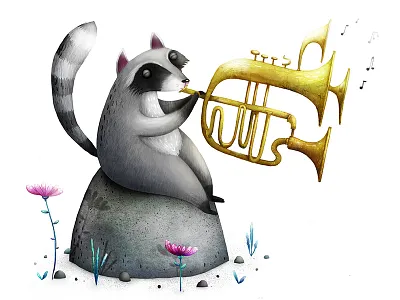 Rocky Raccoon animal children flowers illustration instrument kids music raccoon rocks trumpet tuba