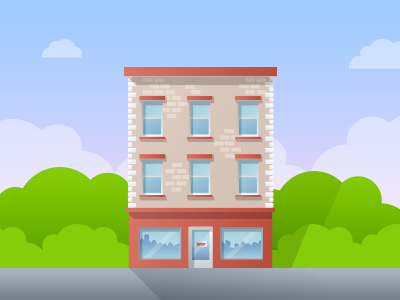 Shop Facade brick facade flat house illustration shop sky sunset town window