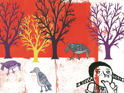 Postcard bird children drawing illustration photoshop trees