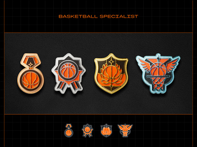 Basketball Achievement Badges 3d 3d badges 3d render achievement animation badge design badges basketball basketball achievement champion badge emblem design gold badges hoops medal metallic badges ribbon sports branding sports icons trophy design wings