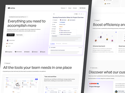 Zenflow - Productivity Landing Page activity cansaas clean daily data design interface landing page minimalist product productivity saas task task management ui ux web deisgn website