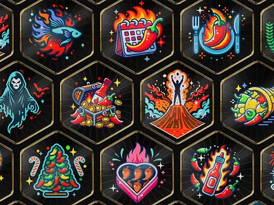 Spicy gamification achievement badges 3d 3d badges achievement achievement badges award chilli fire flame badge flame emblem gamification gold badges hot pepper trophy hot sauce icon design medal scoville spicy streak trophy winner