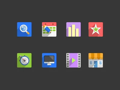 Flat icon set calendar clock computer flat house icon magnifier player rank shadow shop star