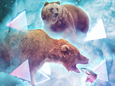 Bear and Salmon 2/3 of 'Predators and Prey' with Kris Tate 80s bear clouds drew turner galaxy glow grizzly nebula salmon space stars triangles