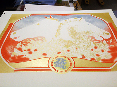Screenprint Process art print diy gold horses leaves ornate