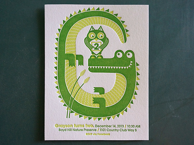 Grayson turns two alligator florida invitation letterpress owl owligator