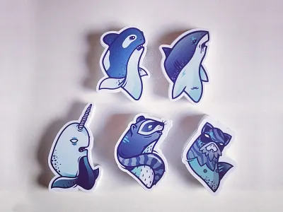 Stickers pack #1 animal bat blue fish illustration narwhal orca raccoon sea shark stickers