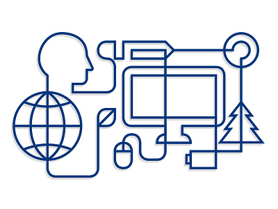 'Creativity' computer connected cycle earth education lines man mouse nest pencil person tree