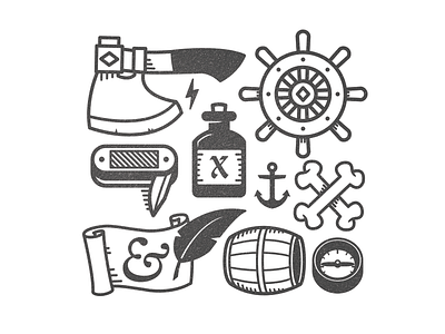 Sailor Assets axe barrel bones bottle compass icon illo knife scroll vector