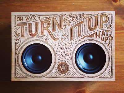 Wooden Boombox detail engraved interrobang laser engraved lettering radio script swash typography vintage wood