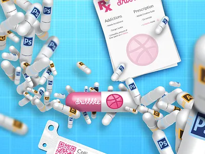 Dribbble Addiction 3d addiction blue illustrator invite medical modeling photoshop pill. doctor pink